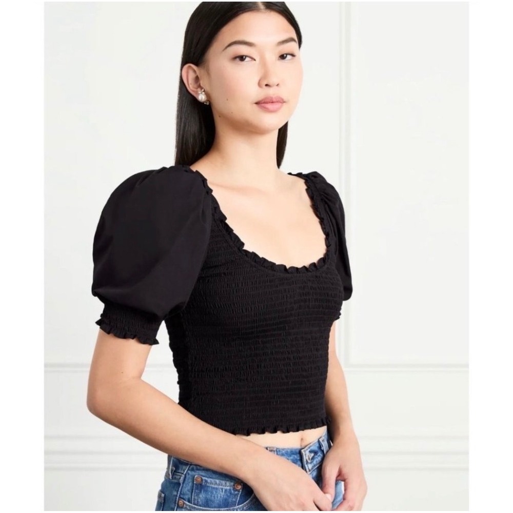 Hill House Home The Aiko Top Black Smocked Puff Sleeve Crop Blouse Women's Small